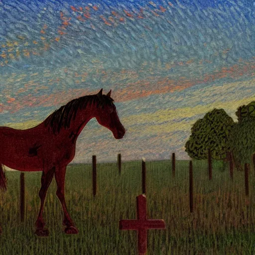 Image similar to sad ominous painting of a horse in a cemetery at dusk, in the style of studio ghibli and moebius and claude monet and vincent van gogh