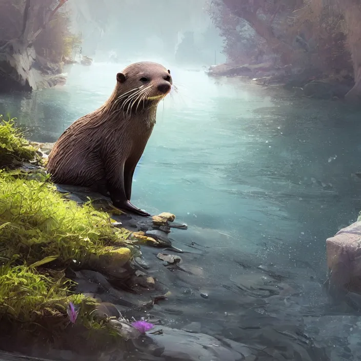 Prompt: a painting of a cute otter at a river. character design by cory loftis, fenghua zhong, ryohei hase, ismail inceoglu and ruan jia. volumetric light, detailed, rendered in octane