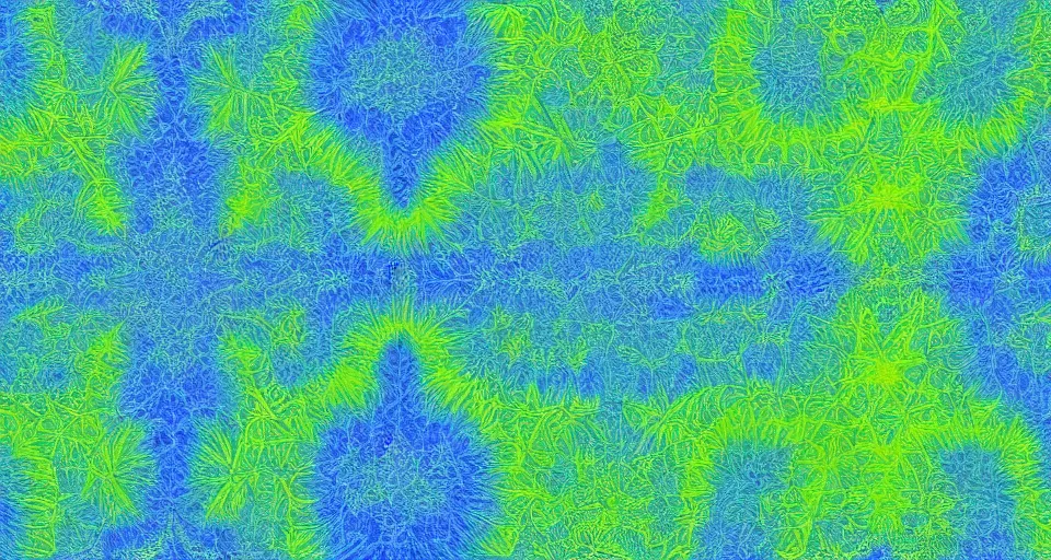 Image similar to low quality blurry cell phone footage of an abstract blue and green fractal, symmetry, dark