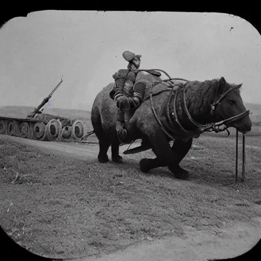 Image similar to a picture of a enormous bear pulling a towed artillery piece behind him like a horse, eastern front, historical picture