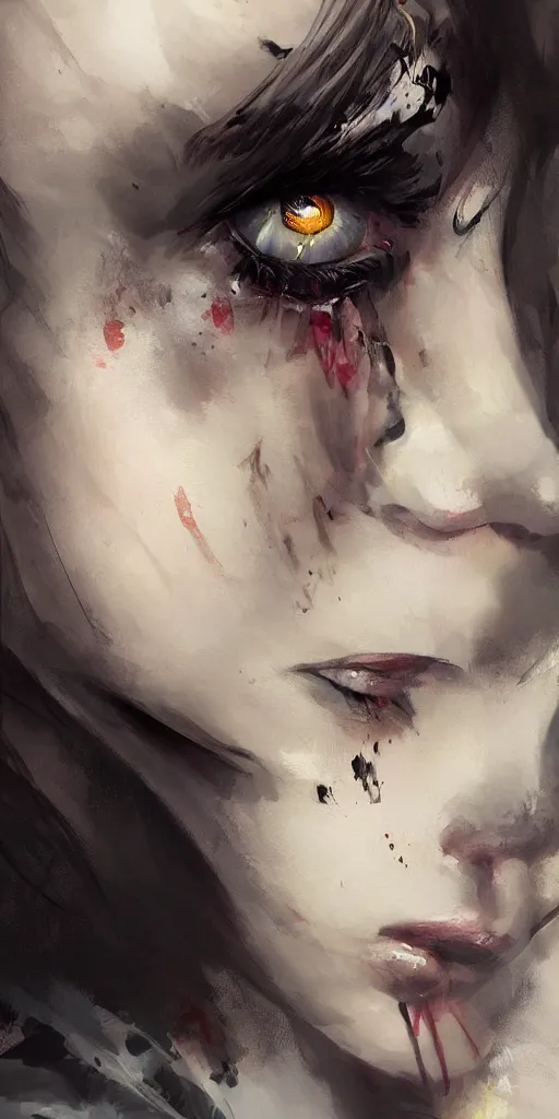 Image similar to a beautiful!!! digital painting of a crying woman with her black eyeliner being ruined, by mandy jurgens, dang my linh, yoji shinkawa, trending on artstation