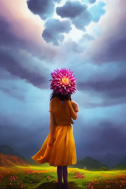 Image similar to closeup perspective, giant dahlia flower over the head, girl standing on mountain, surreal photography, blue storm clouds, dramatic light, impressionist painting, digital painting, artstation, simon stalenhag