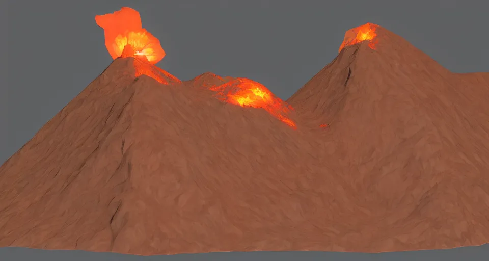 Prompt: low poly unity render of a volcano with glowing orange lava rolling down the side of it, low lighting