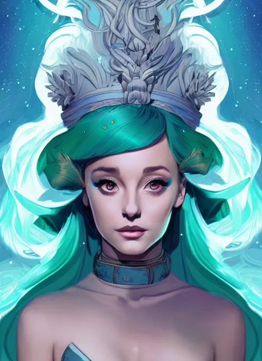 Prompt: style artgerm, joshua middleton, illustration, ariana grande as a high priestess wearing green pelt light armor, blue hair, swirling water cosmos, fantasy, dnd, cinematic lighting