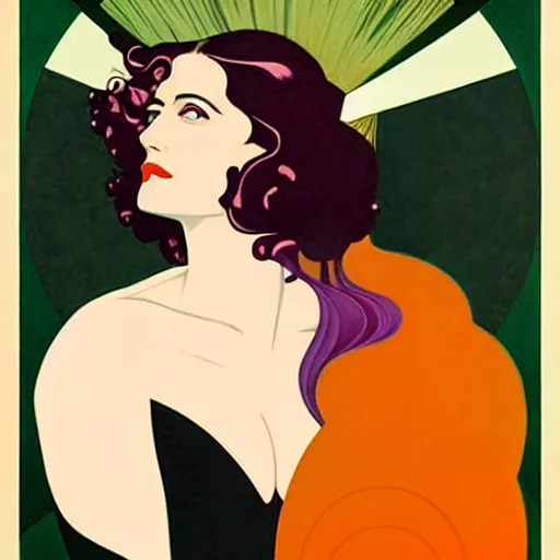 Image similar to Eva Green is Metamorpho, the Element Woman, Art by Coles Phillips and Joshua Middleton, Chalk white skin, deep purple hair, Green eyes, Orange background, Mucha, Portrait of the actress, Eva Green as Metamorpho, carbon black and antique gold