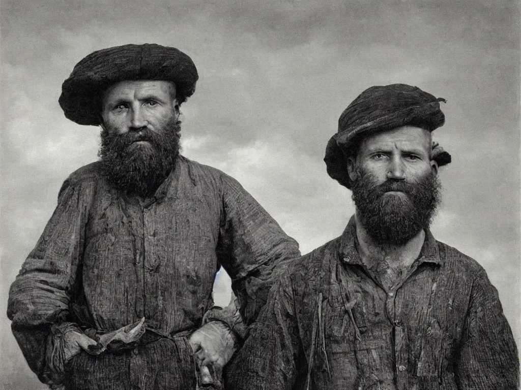 Prompt: portrait of bearded, defiant, sunburned lumberjack. Painting by Jan van Eyck, August Sander.