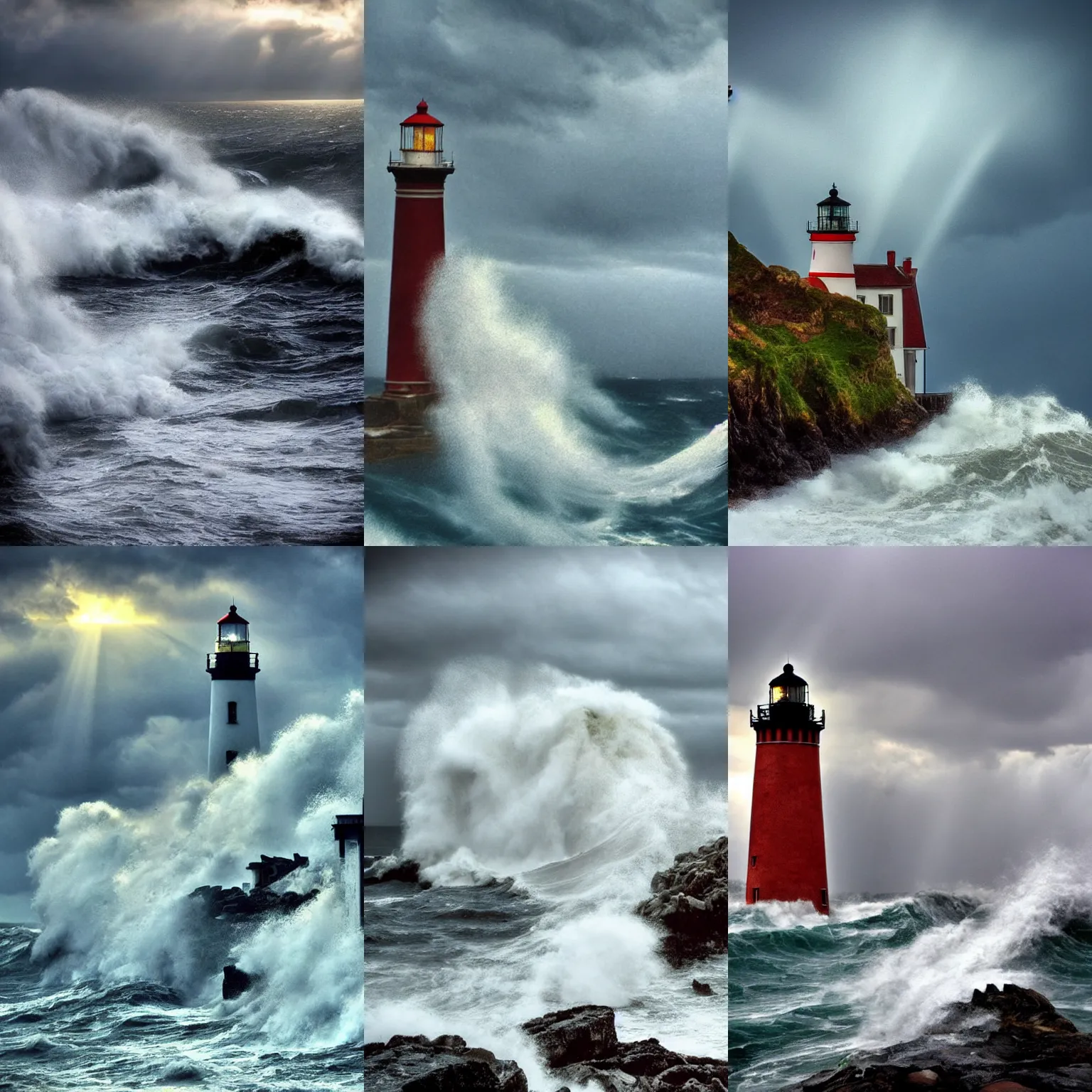 Prompt: huge waves crashing over a lighthouse on rocks with huge, very huge waves, scenic full shot, ambient lighting, stormy sky, god rays, art nouveau!!!!!!!!!!!!!!!!!!!!