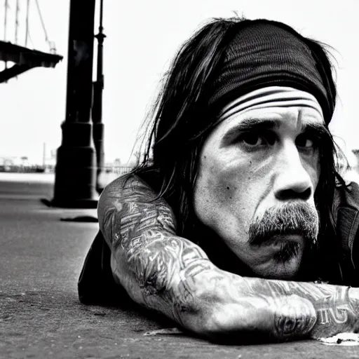 Prompt: anthony kiedis as a homeless hobo living under a bridge, street photography, 4 k, ultra realistic, highly detailed,