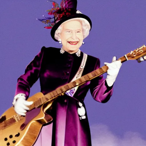 Image similar to Queen Elizabeth II rocking out on guitar, on stage at Coachella, performing a solo for the adoring crowd, photorealism