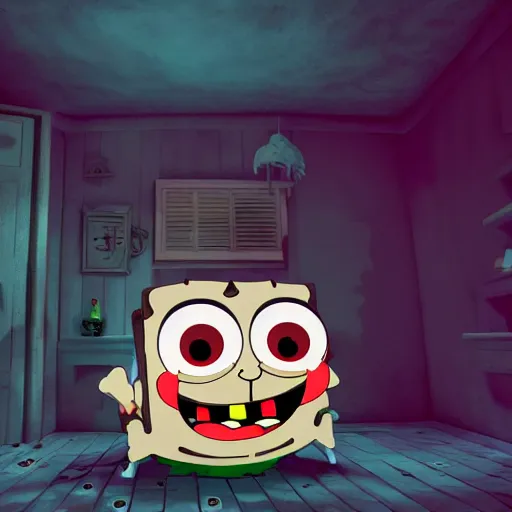 Image similar to ominous mrs puff (spongebob) staring into your soul with realistic, slimy, scary, ambient lighting, rendered in blender, horror, gloomy, dark, terrifying, terror, frightful, super detailed octane render,