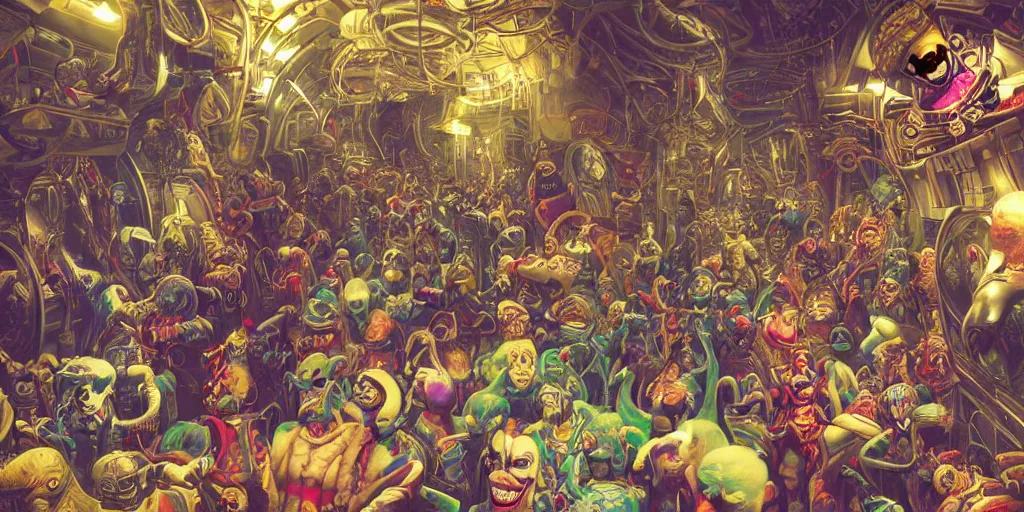 Prompt: the hallway of a space station crowded with strange characters and chaos, clown in the center of the hallway throwing a banana peel, insanely detailed and intricate, hypermaximalist, elegant, ornate, hyper realistic, super detailed, Art Deco, cinematic, trending on artstation, magic the gathering artwork, centered