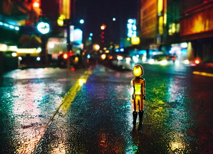 Image similar to a 2 8 mm macro kodachrome photo of a metallic cyborg droid with glowing lights, walking alone on a rainy night in the city in the 1 9 5 0's, seen from a distance, bokeh, canon 5 0 mm, cinematic lighting, film, photography, golden hour, depth of field, award - winning, neon, cyberpunk