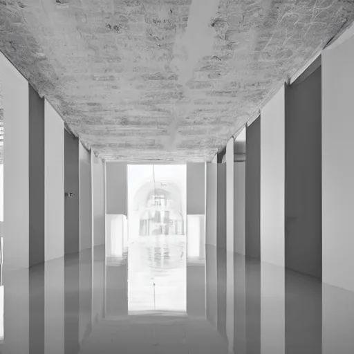 Prompt: interior of a flooded building, all white, minimalistic architecture, rounded ceiling, arched doorway, dim lights, liminal space,