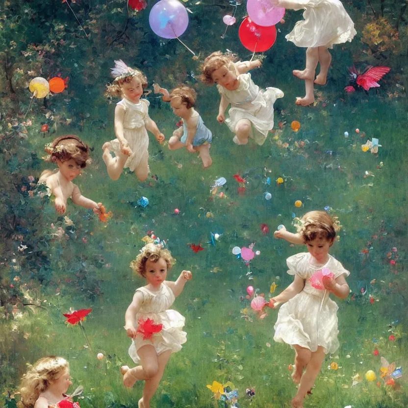 Prompt: idyllic cute toddler children with iridescent wings running through whimsical forest landscape with lollypops, streamers, balloons, blue sky, flowers. dreamlike fantasy painting by norman rockwell, bouguereau. trending on artstation.