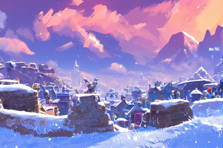 Image similar to snowy Landscape and a village in the background in the style of zelda breath of the wild