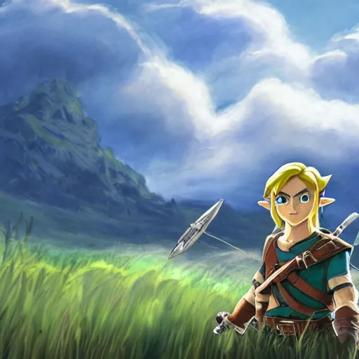 Prompt: A photo of Link from Zelda sitting in a field on a sunny day with clouds in the sky, he is a teenager