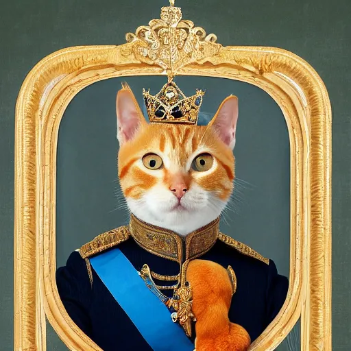 Image similar to a royal portrait of an orange tabby short-haired cat as the King of England,