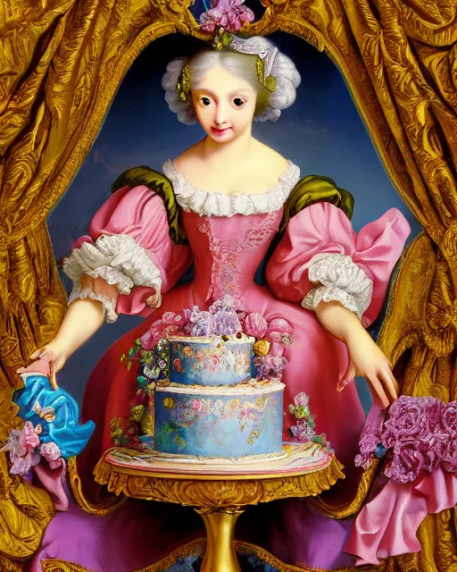 Prompt: baroque rococo painting Royal Fancy pedestal with cake on top Greg Hildebrandt Lisa Frank high detail cute adorable whimsical close up