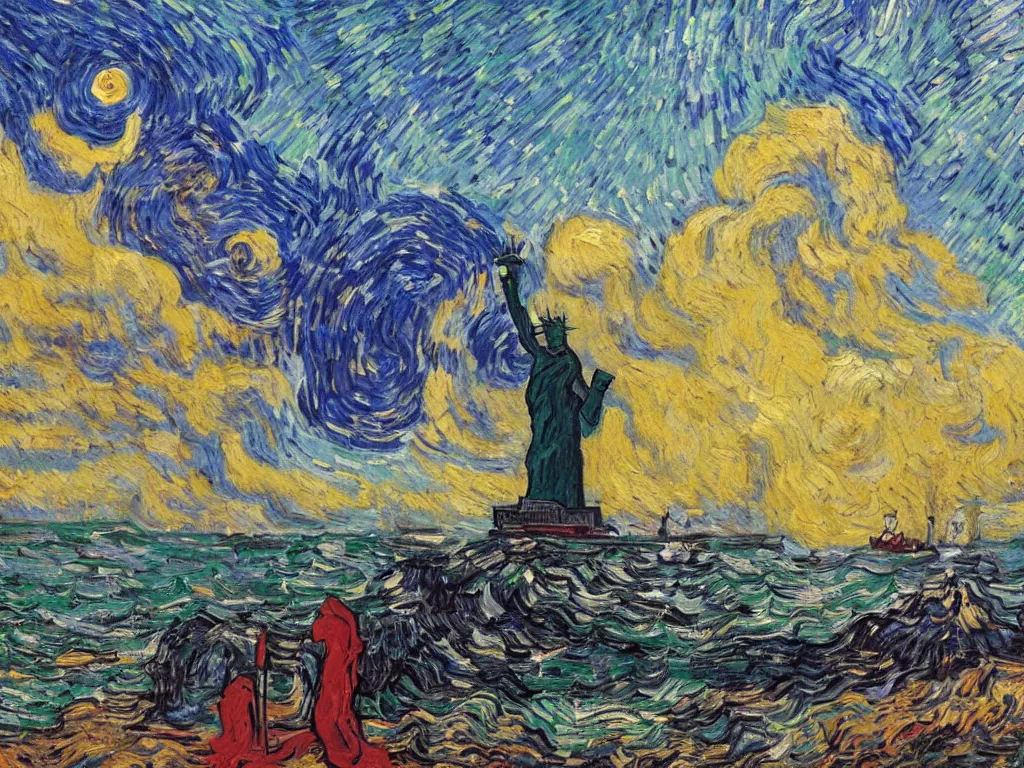 Image similar to bright beautiful oil painting of charlton heston on a beach with a ruined statue of liberty, light scatter, van gogh