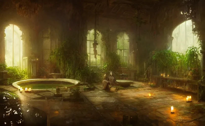 Image similar to painting of an interior of a bath house with candles, fantasy, lush plants and flowers, natural light, concept art, by greg rutkowski and craig mullins, cozy atmospheric and cinematic lighting, trending on artstation