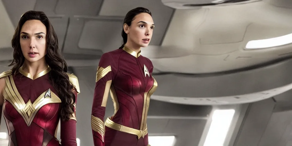 Image similar to gal gadot, in full starfleet uniform, is the captain of the starship enterprise in the new star trek movie