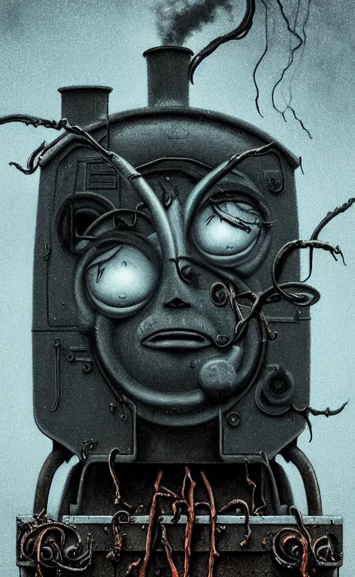 Image similar to thomas the tank engine in style of zdzisław beksinski, extremely dramatic lighting, 8 k, tendrils, black, darkness, black slime tendrils, infected, rust, body horror, thomas the train, thomas the tank engine face, horror,