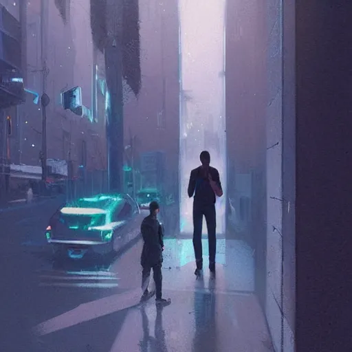 Image similar to concept art by greg rutkowski, a very tall and slender young man walking through the interior of a brutalist looking neighborhood full of holograms and shops while he smokes a cigarette, ambient lighting in neon tones, scifi, highly detailed portrait, digital painting, artstation, concept art, smooth, sharp foccus ilustration, artstation hq