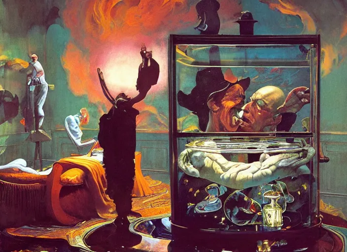 Prompt: dreamscape in a jar, gorgeous lighting, highly detailed, by francis bacon, surreal, norman rockwell and james jean, greg hildebrandt, scene from the movie godfather, triadic color scheme, by greg rutkowski, in the style of francis bacon and syd mead and edward hopper and beksinski, dark surrealism, lucas films