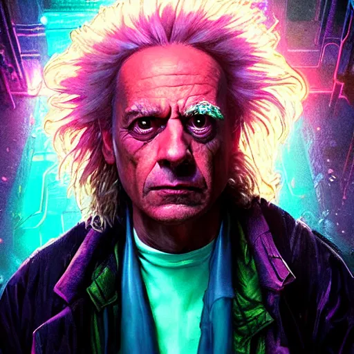 Prompt: cyberpunk, neon lights, dramatic lighting, deep focus, sci - fi, intricate, highly detailed, digital painting, artstation, sharp focus, a colorful close - up studio photographic portrait of doc brown as rick from rick & morty, art by artgerm, greg rutkowski, alphonse mucha and steve mccury