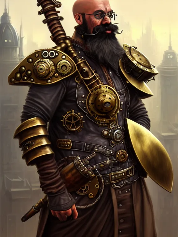 Prompt: steampunk warrior, giant hammer, female, portrait, brass metal armor, buff, black skin, brown eyes, bald, badass beard, urban city at background, high fantasy, tech, digital painting, highly detailed, smooth, sharp contrast, by artgerm and greg rutkowski and alphonse mucha, artstation