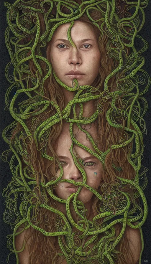 Image similar to very detailed portrait of a 2 0 years old girl surrounded by tentacles, the youg woman visage is blooming from fractal and vines, by dan witz