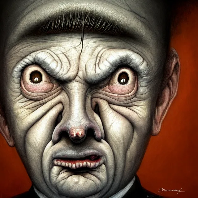 Image similar to behind bars of jail gediminas pranckevicius | close up portrait of a the trump in the sinister valley of despair, one mouth, one nose, two eyes, oil painting by tomasz jedruszek, cinematic lighting, pen and ink, intricate line, hd, 4 k, million of likes, trending on artstation