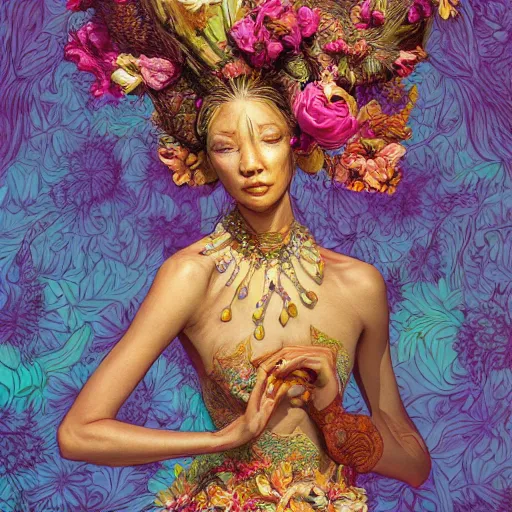 Image similar to the portrait of an absurdly beautiful, graceful, elegant, and wise woman made of bananas and petals, an ultrafine detailed illustration by kim jung gi, irakli nadar, intricate linework, bright colors, final fantasy, behance contest winner, angular, unreal engine 5 highly rendered, global illumination, radiant light, detailed and intricate environment