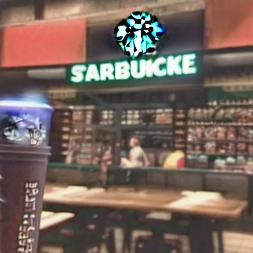 Prompt: a monster caught on cctv camera drinking at starbucks, blurry, photo realistic