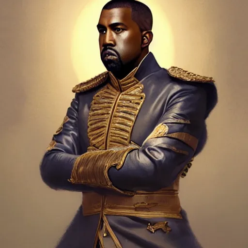 Image similar to Portrait of Kanye West as emperor napoleon, amazing splashscreen artwork, splash art, head slightly tilted, natural light, elegant, intricate, fantasy, atmospheric lighting, cinematic, matte painting, by Greg rutkowski