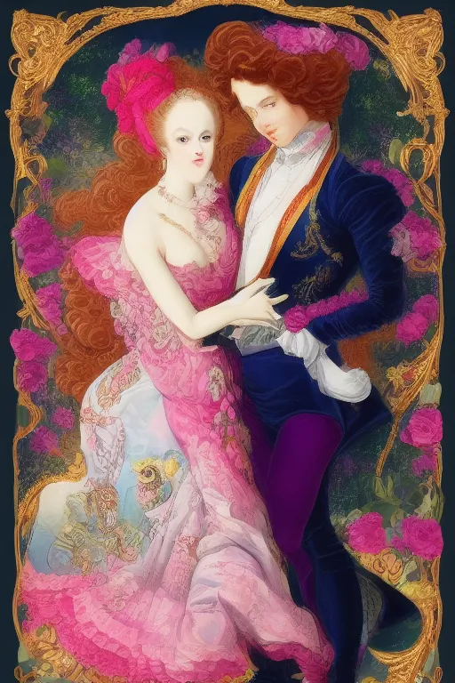 Prompt: victorian image of the rococo style lisa frank image of a famous couple of mixed race in fantastic bespoke clothing haute couture and make up sho murase