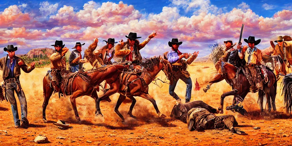 Image similar to photorealist painting of wild west western gunfight, cowboy shootout, vivid colors, warm colors, high production value, intricate details, high resolution, hyperrealistic, hdr, high definition, masterpiece, ultra realistic, highly detailed, hd, sharp focus, non blurry, sharp, smooth