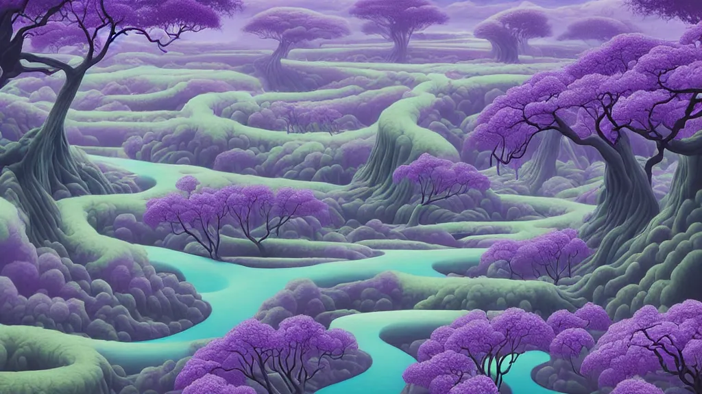 Prompt: digital painting of a lush sinuous river valley by gerald brom. purple river. cold icy day. chiho aoshima. wisteria. digital render. detailed. beautiful landscape.