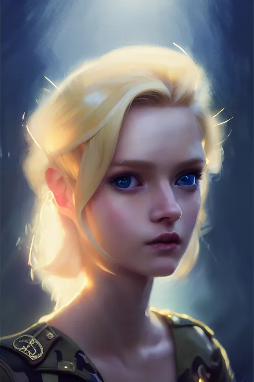 Image similar to cinematic shot of an epic portrait of a cute blonde fairy dressed in military clothes, stylised military clothes, shiny skin, beautiful eyes, beautiful, small details, night setting, realistic poster with volumetric light from craig mallism, artgerm, jeremy lipkin and michael garmash, unreal engine, radiant light, digital art, trends at art station, a masterpiece