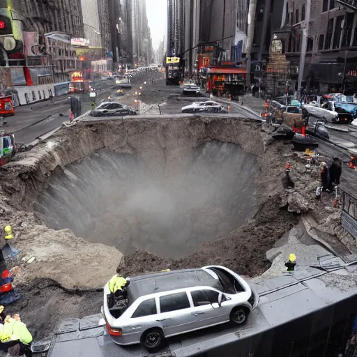 Prompt: a gigantic sink hole to hell opens up on a busy new york city intersection, the sinkhole sucking in cars, pedestrians, everything around it, hyperreal, in the style of roland emmerich disaster movies, 2 0 1 2, the day after tomorrow, photorealistic - h 6 4 0