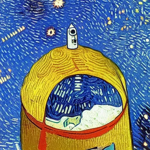 Image similar to a space rocket inside a snow globe by van gogh