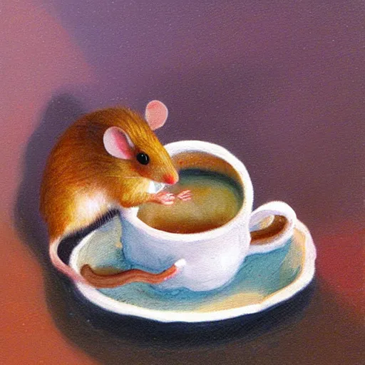 Prompt: A mouse cozied up for the evening sipping tea, oil painting