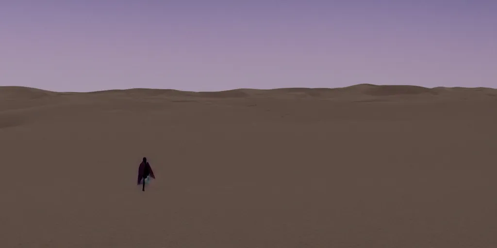 Image similar to a walker with a cloak walking in a desert where a mirage is taking place