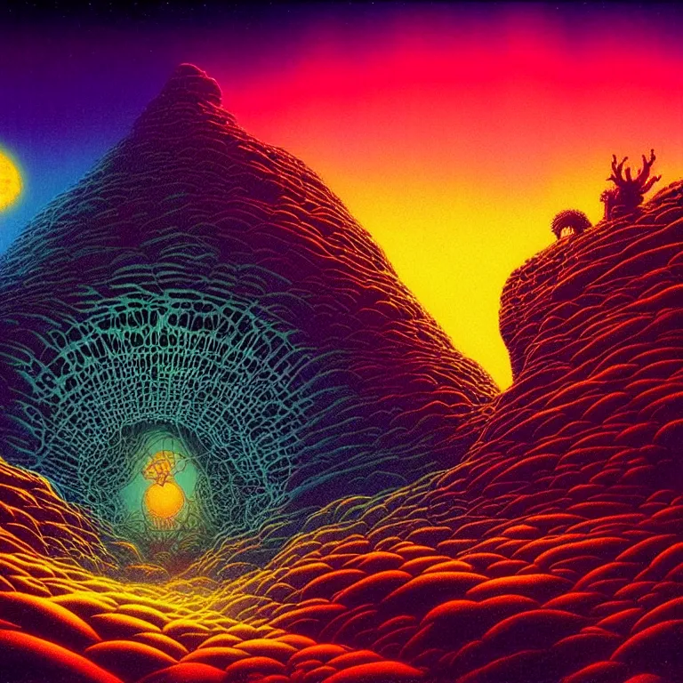 Image similar to astral travel mysterious desert canyon at night, infinite sky, synthwave, bright neon colors, highly detailed, cinematic, tim white, philippe druillet, roger dean, ernst haeckel, lisa frank, michael whelan, kubrick, kimura, isono