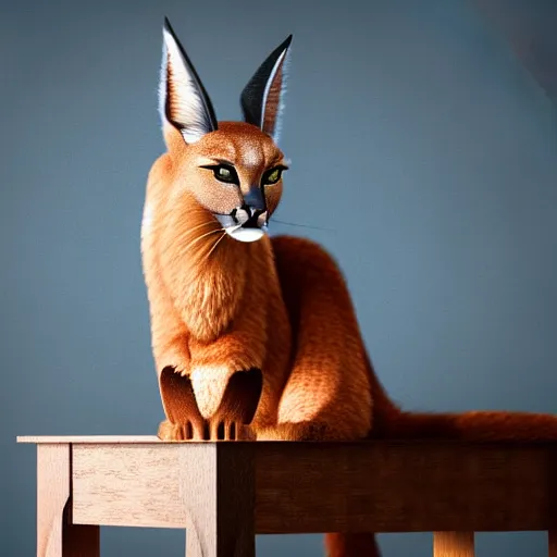 Image similar to wide-angle photo of cute caracal sitting on a wooden chair near a table in a room, flames of fire at background, octane render, 3d, 8k , hd, studio light