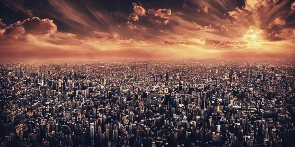 Image similar to ”surreal city floating in the sky, highly detailed, complex, beautiful sunset”