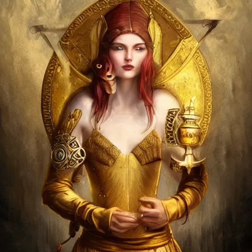 Prompt: beautiful viking woman surrounded by treasure and gold, perfect face, wearing a golden robe, cat in background, tom bagshaw