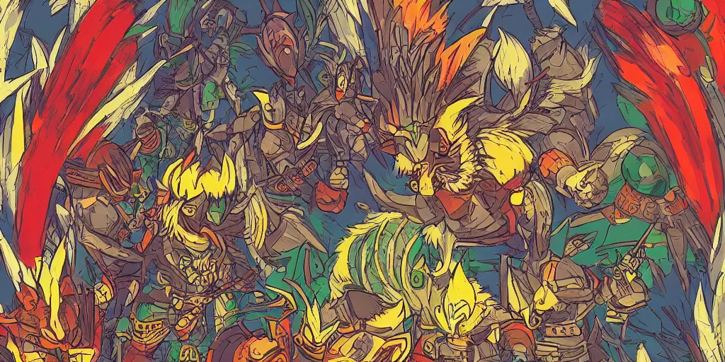 Prompt: colorful illustration of armoured warrior roosters, mix of styles, angry, aggressive, ominous, studio ghibli color scheme