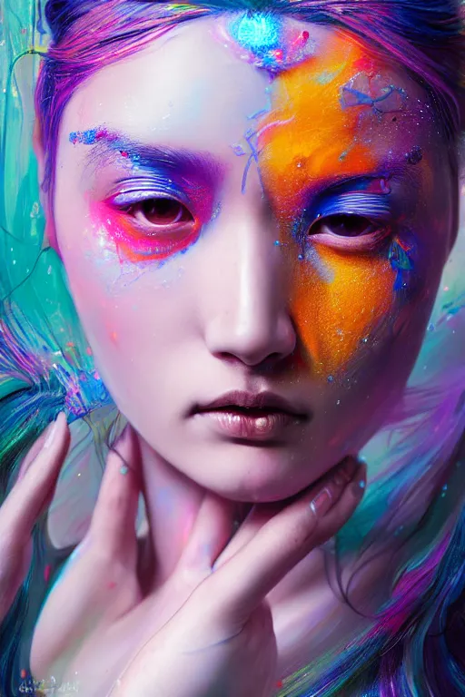 Image similar to hyperrealistic photography of a gorgeous girl pouring multicolored luminescent paint on her head in the style of jin kagetsu, james jean, chris cunninham, hans bellmer and wlop, highly detailed, face symmetry, masterpiece, award - winning, sharp focus, intricate concept art, ambient lighting, 8 k, artstation