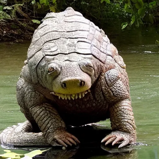 Prompt: giant tardigrade looks at an alligator at a river